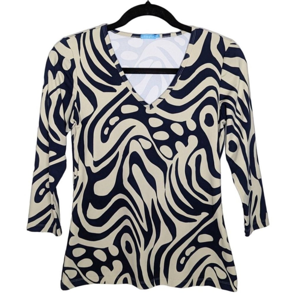 J.‎ McLaughlin V neck 3/4" sleeve marble navy blue and cream Top Size XS